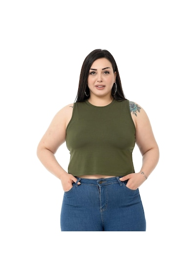 Disentis Büyük Beden Bisiklet Yaka Kolsuz Crop Viskon Haki Body-haki Haki