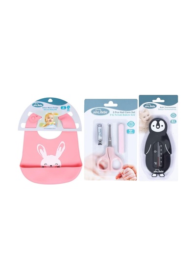 Bebek Bakım Seti Tırnak Makası Seti+silikon Önlük+banyo Derecesi Pembe Siyah Sv507-01-25