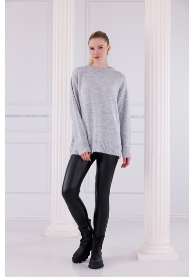 Qscob Bisiklet Yaka Oversize Basic Triko Kazak Gri