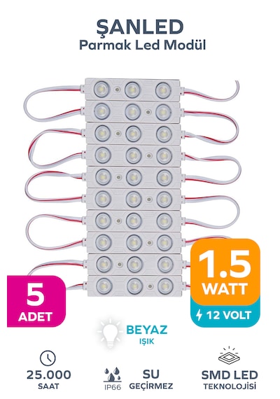 3 Ledli Parmak Led Modül 1.5w 2835 Smd Mercekli Beyaz Işık 12v- 5 Adet