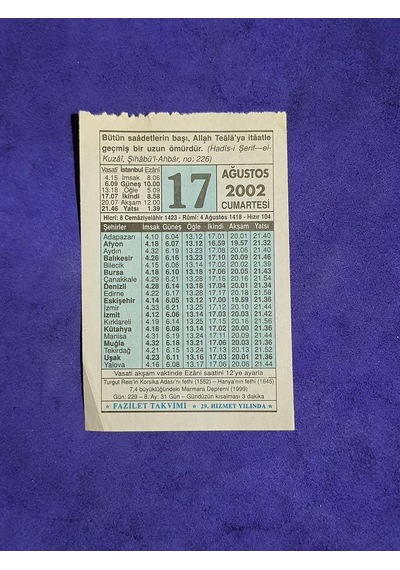 17 Ağustos 2002 Takvim Yaprağı - Nostalji Koleksiyonluk Takvim Yaprağı