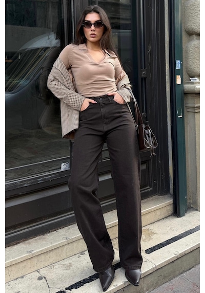 Kahverengi Wide Leg Kadın Pantolon Mg2614