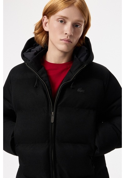 Lacoste Down Fill Mens Parka Sabit Kapüşonlu Kaz Tüyü Erkek Fitilli Parka Siyah