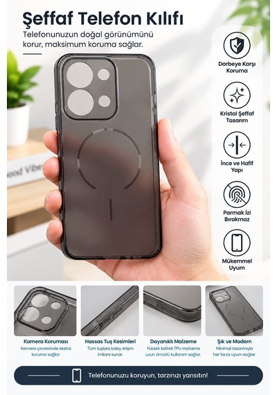 Redmi 15c Uyumlu Mat Siyah Şeffaf Kamera Korumalı Silikon