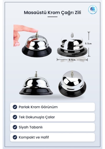 Masaüstü Krom Metal Resepsiyon Çağırma Zili Siyah Tabanlı Otel Ka