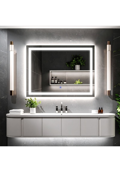 Rectango Beyaz Led'li Kumlamalı Lavabo & Banyo Aynası Dokunmatik Sensörlü 100 X 75 Cm