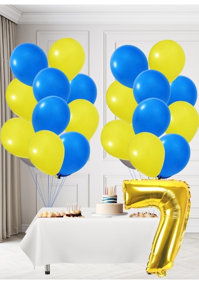 7 Yaş Sarı Lacivert Taraftar Temalı Doğum Günü Seti Sarı Lacivert Balonlar Altın Folyo Rakam Sarı
