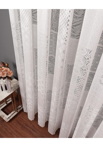 Evdepo Home Patchwork Desen Tül Perde 1/2.5 Normal Pile - Tek Kanat - Ekru