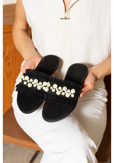 Dabab Shoes Mınoa Kadın İnci Detaylı Hasır Dokulu Düz Siyah Terlik