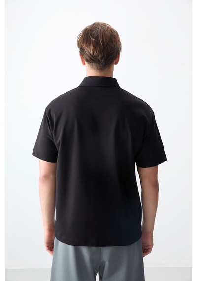 Air Jones Tommy Life Siyah Pamuklu Kalın Yumuşak Dokulu Polo Yaka Oversize Fit Basic Erkek T- Shirt - 88382 Siyah