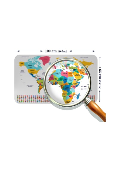 Türkçe Ülke Bayrak Lı Eğitici Başkent Detaylı Atlası Dünya Haritası Duvar Sticker -60x105-3834 - Renkli Çok Renkli