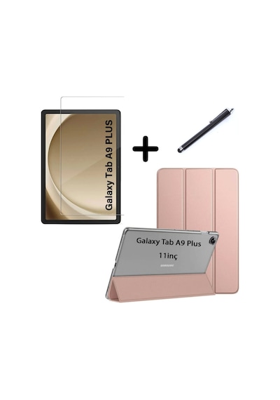 Samsung Galaxy Tab Uyumlu A9 Plus X210 Kılıf Set Pu Deri Smart Tablet Kilifi Ekran Koruyucu + Kalem X213 X215 X217