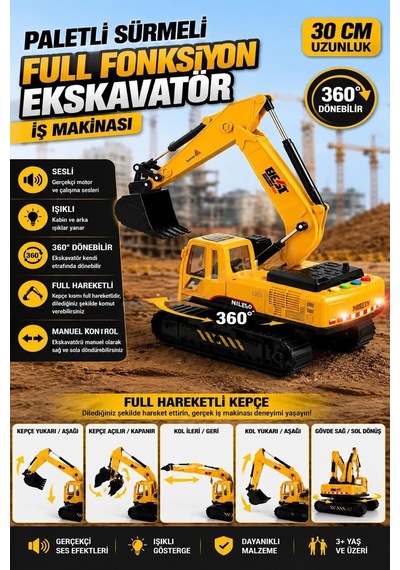 Paletli Full Fonksiyon Ekskavatör İş Makinası 30 CM - 360 Derece Dönebilir Işıklı ve Sesli Oyuncak