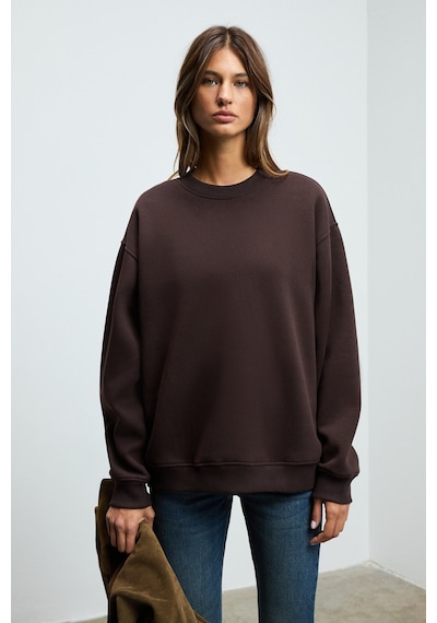 Grımelange KARIUS Kadın Organik Pamuklu İçi Polarlı Oversize Yuvarlak Yakalı Koyu Kahverengi Sweatshirt