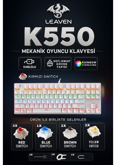 K550 Mekanik Oyuncu Klavyesi-değiştirilebilir Switch-rainbow Rgb Aydınlatma-87 Tuş