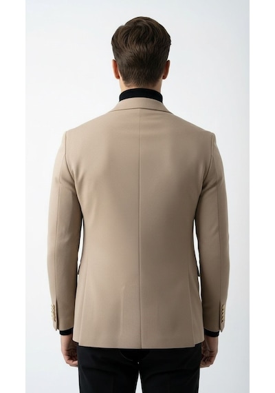 Plus Scorpion Erkek Kruvaze Blazer Ceket Slim Fit Premium Dokulu Şık Klasik Ceket Bej