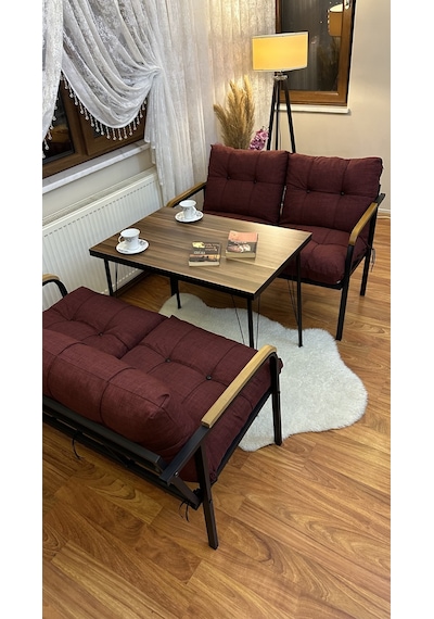 Modern Van Balkon, Bahçe, Cafe - Metal Kanepe Koltuk Takımı 2+2 +masa Takım Bordo