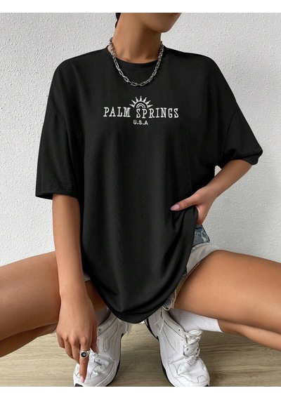 Palm Springs T-shirt - Siyah Baskılı Oversize Bisiklet Yaka Kısa Kol Tişört Siyah Palm Springs T-shirt - Siyah Baskılı Oversize Bisiklet Yaka Kısa Kol Tişört Siyah