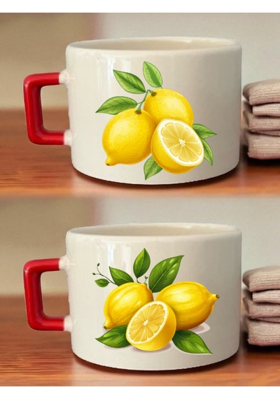Limonlar 2'li Kahve Fincanı - Hediye Kutusu Hazırlama Ürünü, Kocaya Hediye, Resimli Hediyeler Beyaz