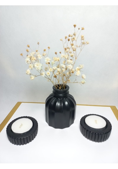İnce Çizgili Vazo - Modern & Minimal Dekoratif Obje, Salon Ve Ofis Çiçeklik, Siyah Siyah