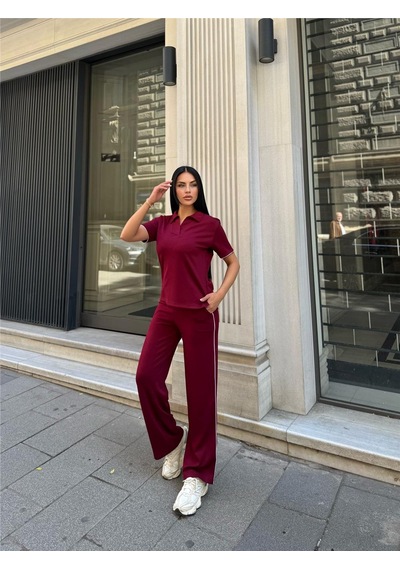 WeShaya Bordo Polyester Keten Polo Yaka Takım Bordo