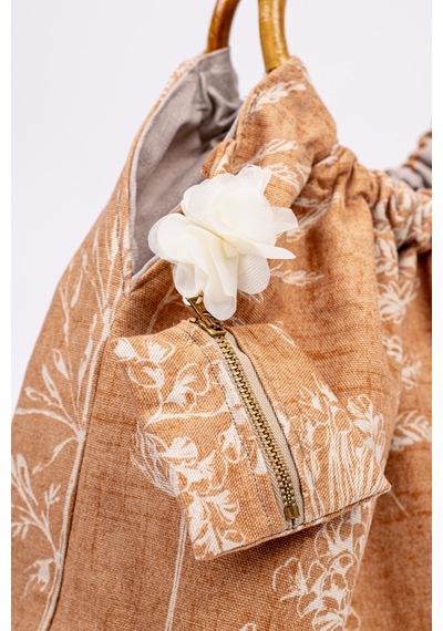Fabric Craft Bag El Çantası Keten Kumaş Bambu Saplı Çiçek Desen Taba - Kahverengi