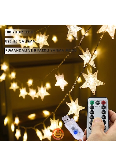 Technosmart 100 Yıldız Ledli 10mt. Kumandalı Usbli 8 Modlu Dekoratif Şerit Led Işık Yılbaşı Süsleme