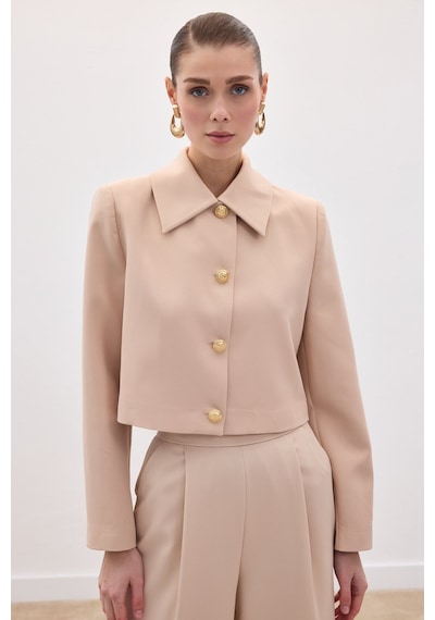 Sateen Düğmeli Kısa Ceket - Bej-136590 Bej