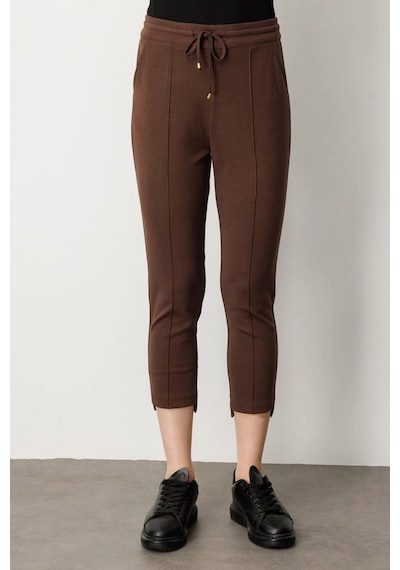 On Fashion Regular Fit Dar Paça Lastikli Bel Dokuma Kadın Pantolon Kahve