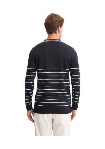 Cazador Slim Fit Viskon Dokulu Basic Çizgi Detaylı Polo Yaka Kazak-33020 Lacivert