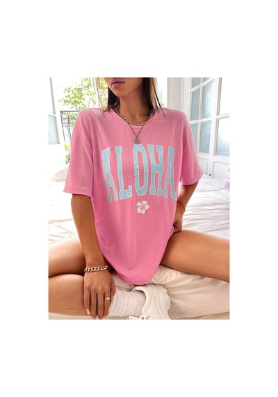 Aloha T-shirt - Pembe Baskılı Oversize Bisiklet Yaka Kısa Kol Tişört Pembe