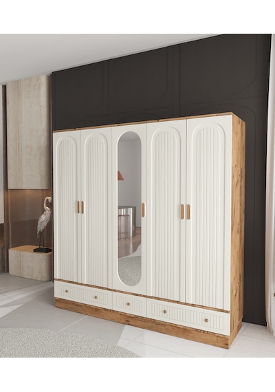 Mila 5 Kapaklı Çekmeceli Bazalı Gardırop - Tamamı Mdf Aytaşı