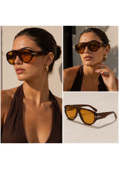 Retro Turuncu Lens Leopar Desen Gözlük Leopar - Siyah