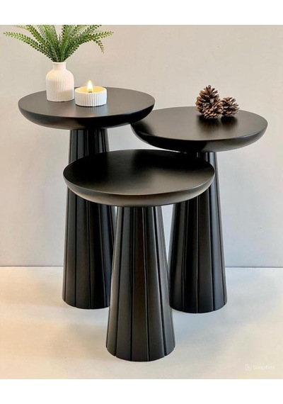 Wood Wooden Siyah Ahşap 3 Lü Set Fitilli Mantar Yan Sehpa Modern Siyah Renk Fiskos Siyah