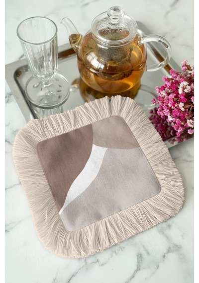 Soft Elegance Saçaklı Sunum Peçetesi - Akışkan Dalga Bohem Bej Krem Desenli Kahve Sunum Mendili Göl Açık Bej