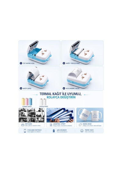 Netum Mavi Mini Yazıcı Mini Taşınabilir Termal Yazıcı Kablosuz Bağlantı 3 Renkli 2beyaz Kağıt li