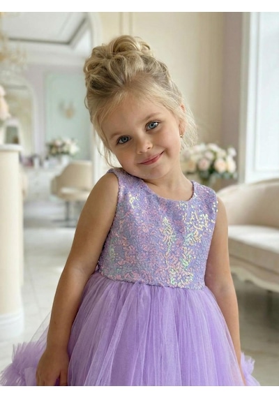 Butikhappykids Kız Çocuk Lila Payetli Volanlı Tüllü Prenses Abiye Elbise 1-5 Yaş Lila