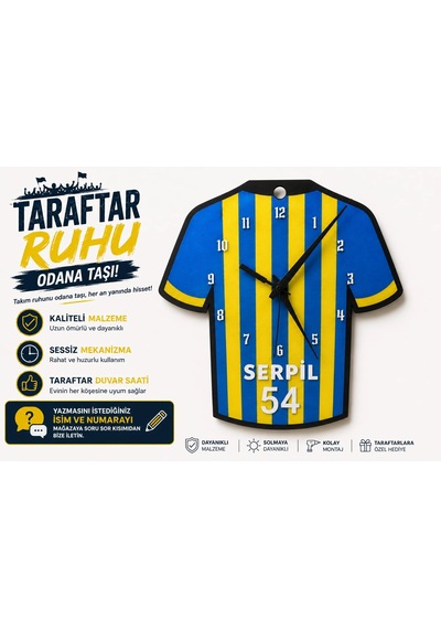 İsimli Taraftar Duvar Saati , Kişiye Özel - Hediyelik İsimli Forma Duvar Saati - İsimli Sarı Laciver Siyah
