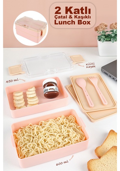 2 Katlı Kilitli Beslenme Kabı - Kendinden Çatal Kaşıklı Lunch Box Beslenme Kutusu Saklama Kabı Pembe Pembe