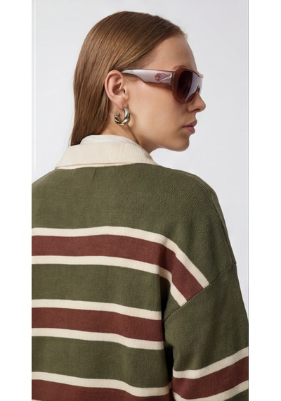 Modeva Global Kadın Çizgili Polo Yaka Triko Kazak Düğmeli, Oversize Rahat Kesim, Trend Günlük Stil Haki - Kahverengi Modeva Global Kadın Çizgili Polo Yaka Triko Kazak Düğmeli, Oversize Rahat Kesim, Trend Günlük Stil Haki - Kahverengi