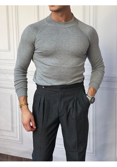 Modefendi Slimfit Kalıp Pamuklu Triko Yarım Balıkçı Triko Kazak Gri