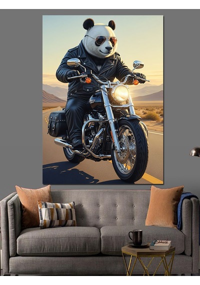 Motosiklet Süren Panda Ayısı Dekoratif Kanvas - Mdf Ahşap Tablo
