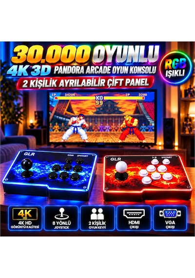 30.000 Oyunlu 4k 3d Rgb Pandora Arcade Oyun Konsolu 2 Kişilik Ayrılabilir Çift Panel Hdmı Vga