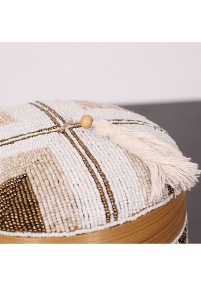 Bali Boncuklu Bambu Saklama Kutusu L 20x23 Cm Beyaz