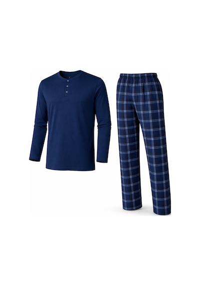 Mutlu City Erkek Mevsimlik Uzun Kollu 3 Düğmeli Ekose Alt Pijama Takımı 16652 İndigo