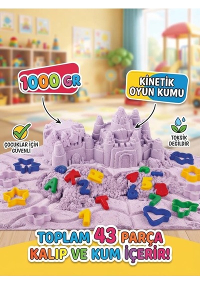 Sihirli Eğitici Oyun Kumu 1000 Gr 43 Parça Kinetik Kum Seti Alfabe Ve Sayı 3d Kalıplı Çocuk Oyuncağı Mor