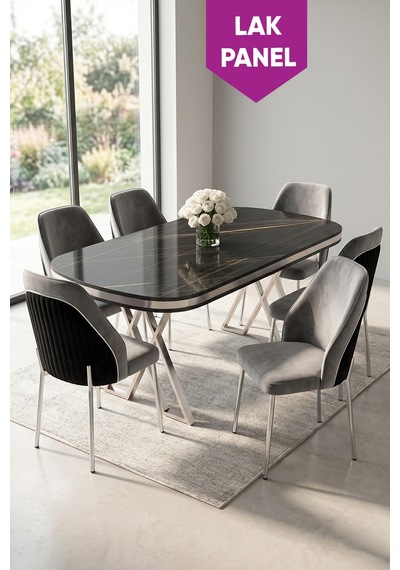 Lindia Serisi 90x168 Lak Panel Siyah Mermer Masa Gri Sandalye Krom Ayaklı Masa Takımı 6 Gri Sandalye Lindia Serisi 90x168 Lak Panel Siyah Mermer Masa Gri Sandalye Krom Ayaklı Masa Takımı 6 Gri Sandalye