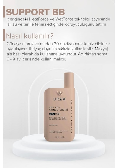 Uraw Support BB Koruyucu Yüz Güneş Kremi SPF50+ 50 ML