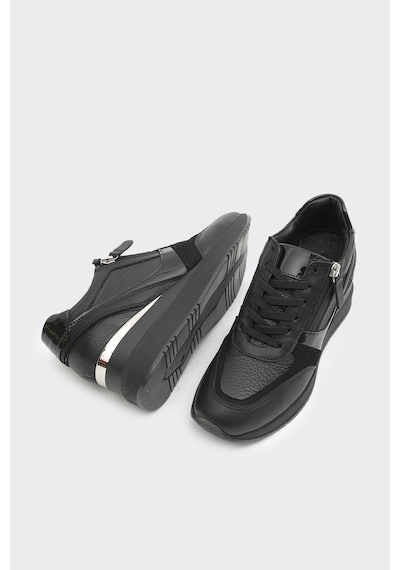 Derinet Yüksek Taban Hakiki Deri Kadın Sneaker Siyah Siyah
