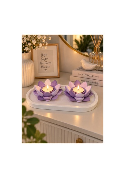 Mor Lotus Çiçeği 2 Li Dekoratif Tealight Mumluk Seti Mor